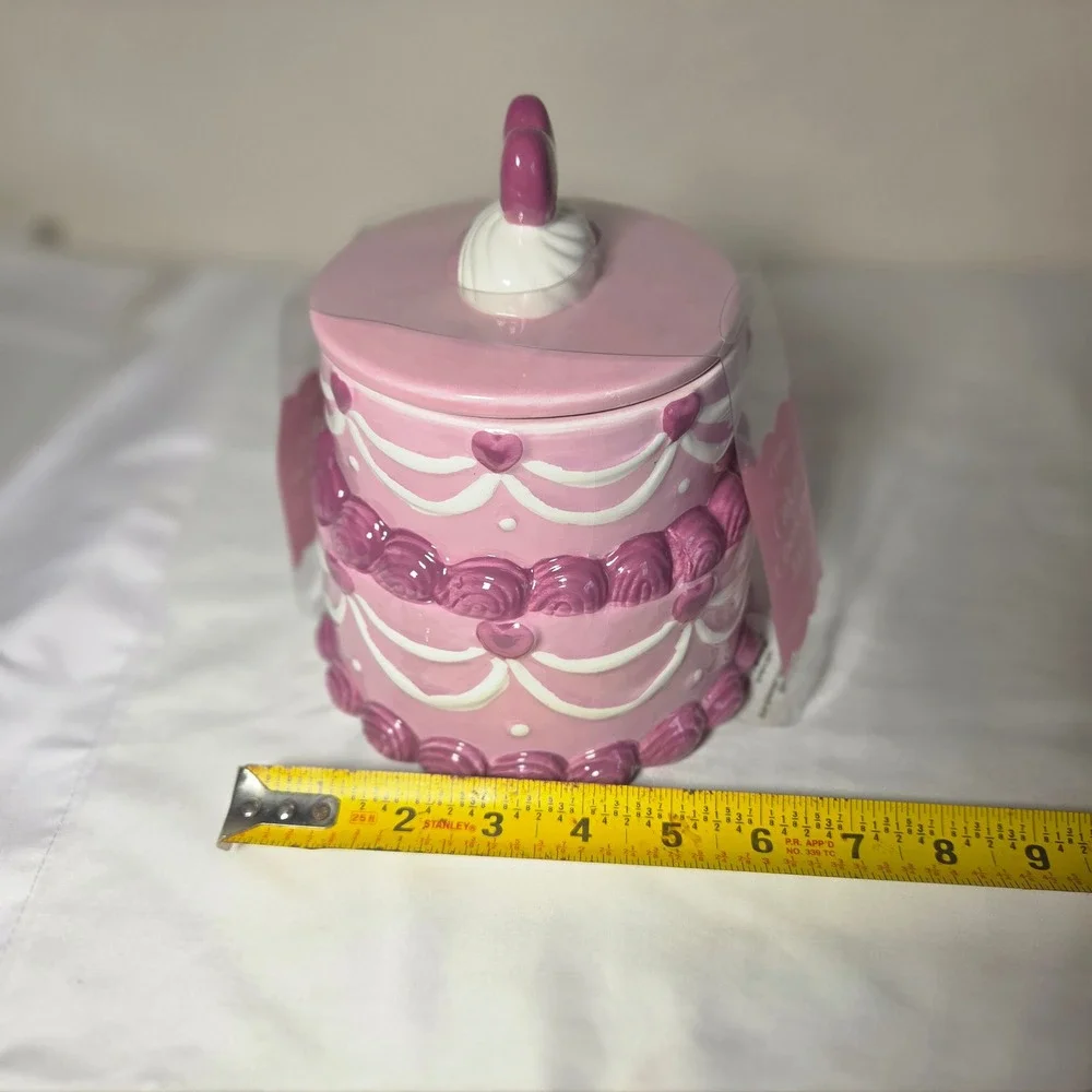 Cerra Pnk Tiered Cake Cookie Jar Heart Finial Vintage Style Ceramic CRCR-1020-PK